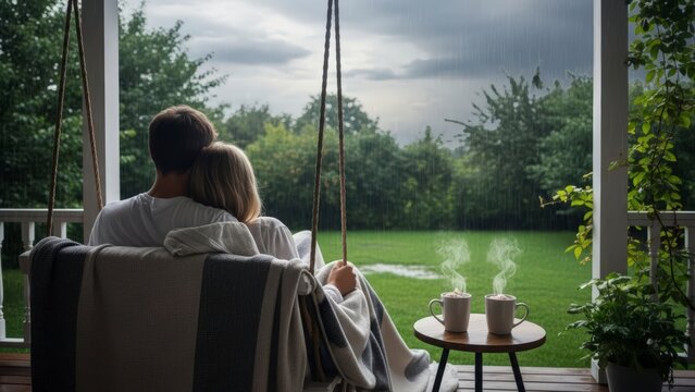 Couple Relaxing on Porch with Coffee.
