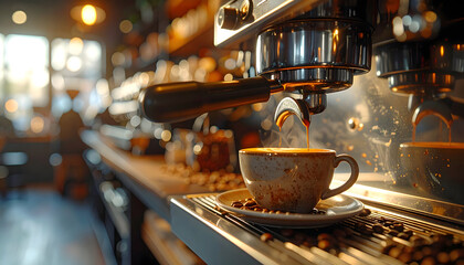 Close Up Shot of Hot Coffee Brewing in an Espresso Machine Filling a Speckled Ceramic Cup with Steam Rising in a Cozy Coffee Shop with Warm Lighting and Bokeh Background
