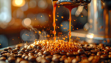 Freshly Brewed Espresso Dripping onto Roasted Coffee Beans with Steam Rising Warm Golden Light Illuminated Cafe Atmosphere Detailed Macro Shot