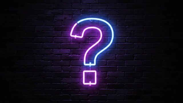 Mysterious neon question mark on dark brick wall background