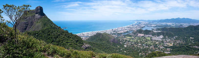 Wide panoramic view of Pedra da Gavea and Barra da Tijuca from a viewpoint at Pedra Bonita (Beautiful Stone) - Rio de Janeiro, Brazil