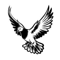 Obraz premium Flying dove illustrated in black and white style with detailed wings 