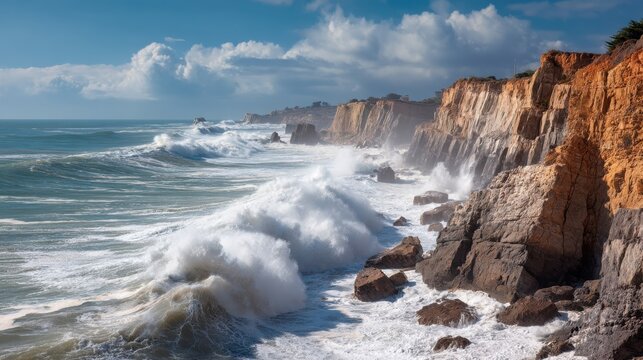 Majestic coastal cliffs with powerful ocean waves under a blue sky. - Powered by Adobe