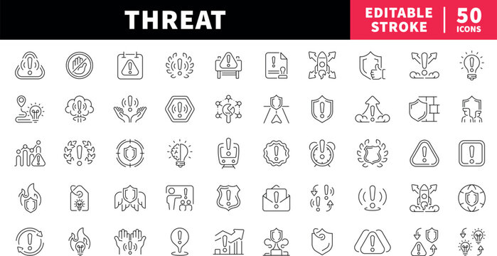 Threat editable line icons set, warning and attention symbols