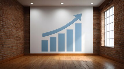 Blue growth chart with upward arrow displayed on a white wall in an empty room with brick walls and wooden floor