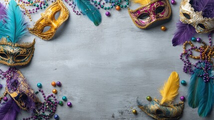 Colorful Venetian Masks with Feathers and Beads on Grey Background for Festive Celebration and Decoration