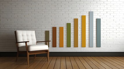A modern interior displays a colorful bar chart on a white brick wall next to a minimalist armchair representing business growth and data