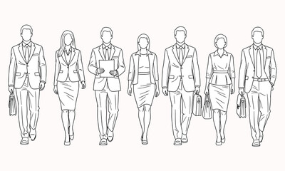 Minimal line art illustration of business professionals walking, corporate men and women, office fashion characters, vector design set
