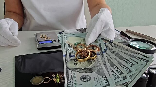 Jewelry appraisal and cash evaluation at a local shop in the afternoon