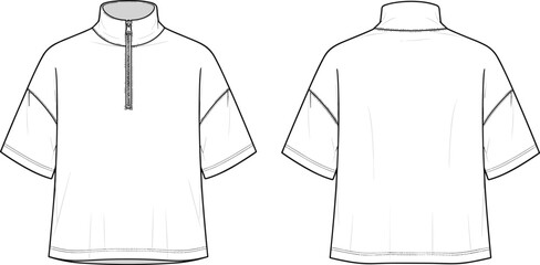 Short sleeve half zip shirt CAD drawing, flat vector illustration, front and back view mockup isolated on white background for apparel design, fashion branding © MstRokshana