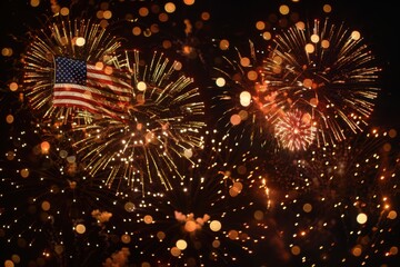 4th of july fireworks with american flag overlay on black background, horizontal version