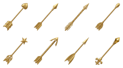 Golden arrow set including heart, star, spearhead, fleur de lis, and ornate filigree designs isolated. Romantic valentine and fantasy weapon collection.