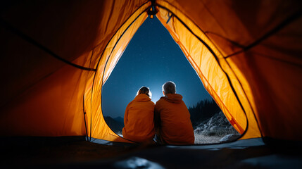 Two silhouettes through a tent opening: a senior couple sitting inside a tent, looking out at a starry night sky, adventurous senior camping, warm lantern light from inside, sharp