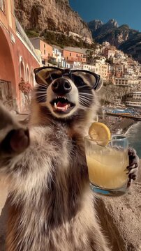 Un mapache con gafas de sol disfruta de una limonada con vistas a Positano.