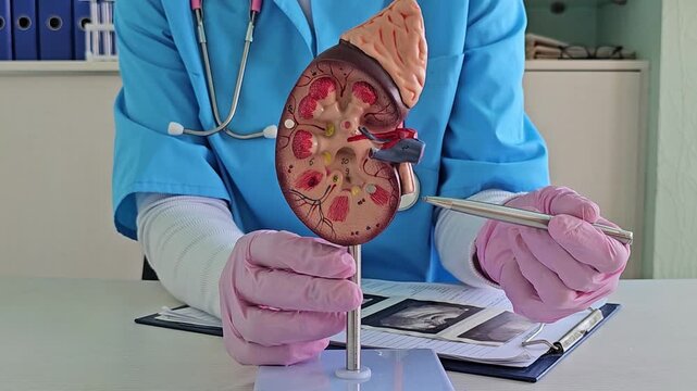 Doctor explains kidney function using a model in a medical office