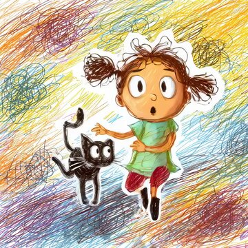 Una ni&ntilde;a corre asustada mientras un gato negro la persigue en un paisaje on&iacute;rico.