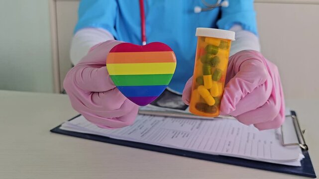 Health expert holds rainbow charm and prescription bottle in medical office before discussing patient care options