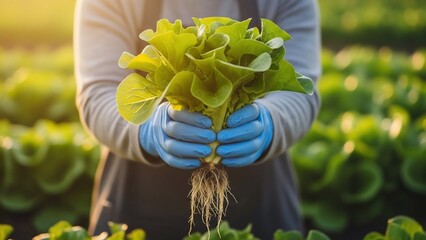 Farmer Holding Fresh Lettuce in Garden.
