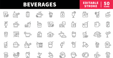 Beverages editable line icons set. drink and refreshment symbols