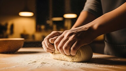 A person kneading dough on a floured kitchen countertop at night