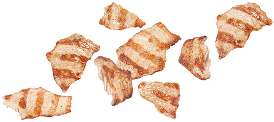 Falling grilled chicken meat pieces isolated on white background, full depth of field