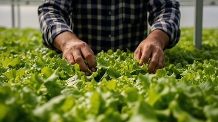 Farmer Inspecting Lettuce in Greenhouse.