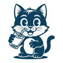 Obraz premium Happy Cat Drinking Juice with Straw Cute Cartoon Style