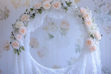 A classic circular wedding arch draped with delicate white lace and soft pastel roses,