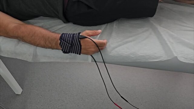Patient receiving nerve conduction study in clinic with electrodes placed on arm