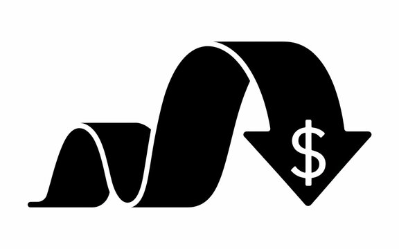 3D Render Wallpaper Background of a Black Silhouette Ribbon Arrow with Dollar Sign Symbolizing Financial Decline, Recession, or Cost Reduction with Copy Space. Modern, High-tech.