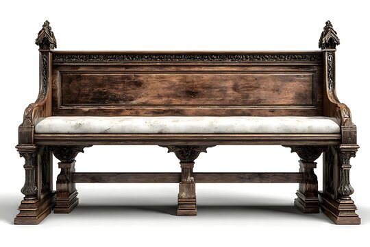 An ornate wooden church pew with a cushioned seat facing forward