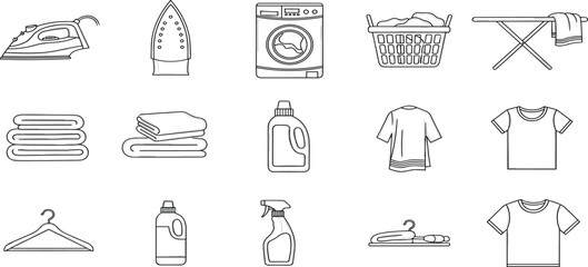 Line art illustrations of laundry and cleaning icons, featuring household chores and clothing items, presented in a simple, monochromatic style from a straightforward viewpoint.