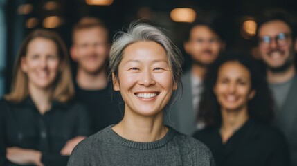 Obraz premium Smiling Asian Woman in Front of Diverse Group Portrait at Modern Office Setting, Highlighting Positive Team Spirit
