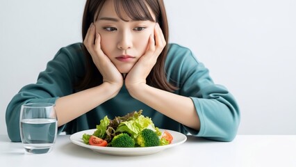 Woman Contemplating Healthy Meal with Vegetables.
