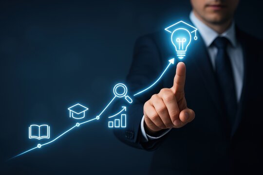 Digital Roadmap to Knowledge: A visionary individual in a business suit navigates a digital learning curve, illuminating the path toward enlightenment.