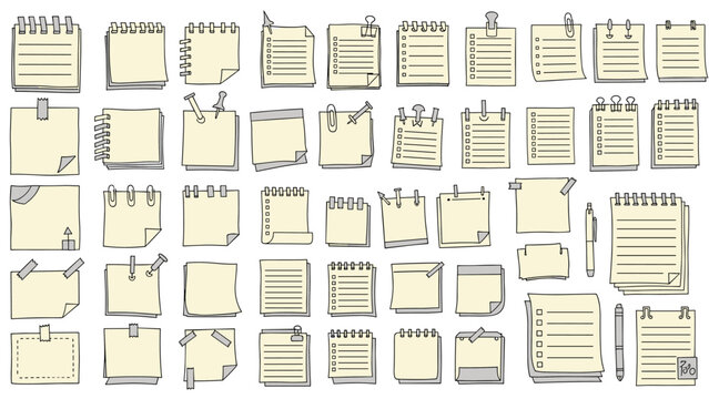 Large assortment of numerous hand drawn sticky notes and memo papers in light yellow with various pins, clips, and tape for organization.
