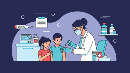 Pediatrician administers a vaccine to a young boy while his sister watches in a well-equipped medical clinic setting for healthcare awareness.