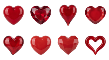 Red heart set including ruby, gemstone, glass, and plastic material styles isolated. Valentines day and romantic symbol collection.