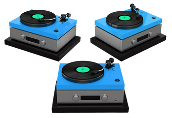 Set of modern turntables with integrated amplifiers, placed on wooden stands, isolated on white background. Concept of retro music