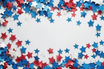 4th of July American Independence Day. Happy Independence Day. Red, blue and white star confetti, paper decorations on white background. Flat lay, top view, copy space, banner