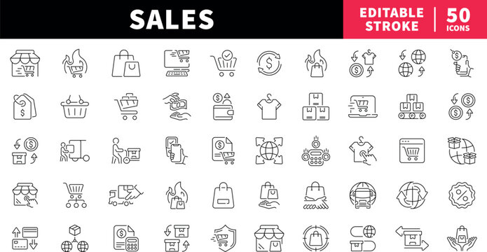 Sales and shopping editable line icons set. commerce and retail symbols