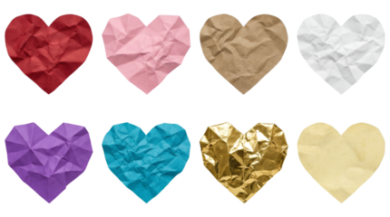 Crumpled paper heart set including red pink brown white purple blue gold and yellow textured shapes isolated. Valentine love concept and craft collection.