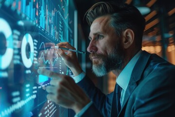 A businessman or an employee is drawing an analytics optimisation chart on the glass screen in a modern panoramic office in New York.