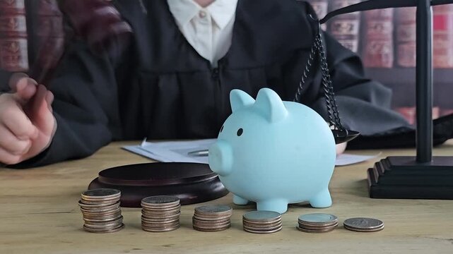 Court session about financial matters with judge and piggy bank present in an office setting
