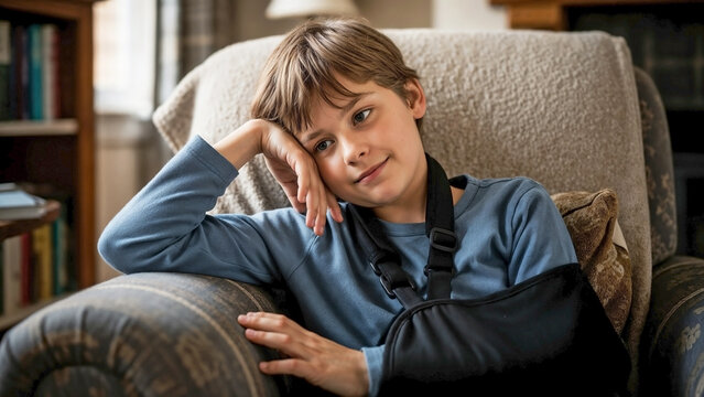 Young child with arm in sl sits comfortably in cozy armchair, looking thoughtful. Injured child arm sling rests head on hand, recovering from broken arm. Concept for pediatric care, accident recovery.