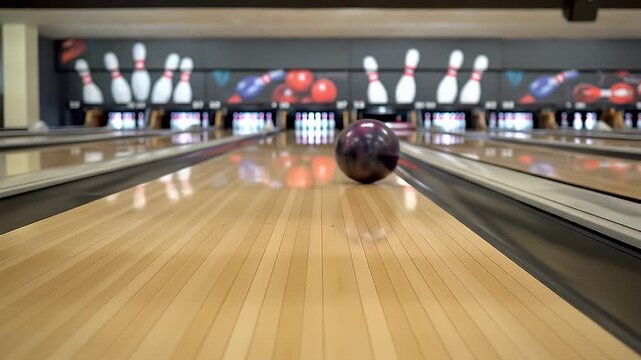 Bowling Ball Rolling Down Lane in Bright Bowling Alley.