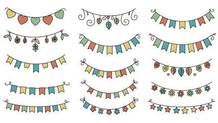 Large collection of colorful decorative banners, garlands, and buntings with various patterns, shapes, and festive designs.