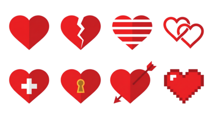 Red heart set including solid, broken, striped, interlocking, medical, locked, pierced, and pixel variants. Romantic love and valentine symbol collection.