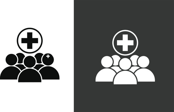 Medical Healthcare Team Icon Set Featuring Group of People and First Aid Plus Sign for Public Health Service Community Support and Hospital Emergency