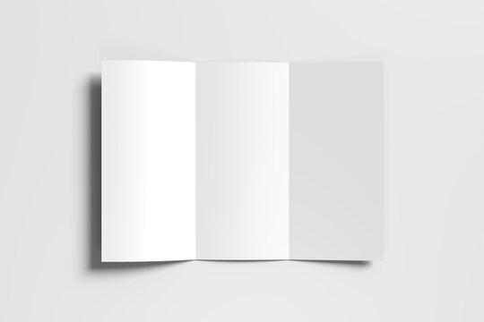 Minimalist tri-fold brochure template on a light grey background with shadows.